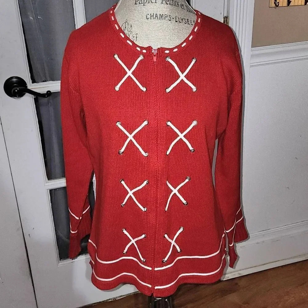Storybook Knits Womens Red White Nantucket Shore Full‎ Zip Cardigan Sweater Med